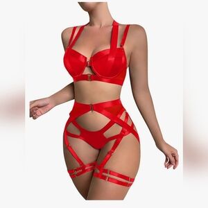 Lilosy NWOT Strappy Underwire Push Up Garter Belt Lingerie Set Harness Cutout M